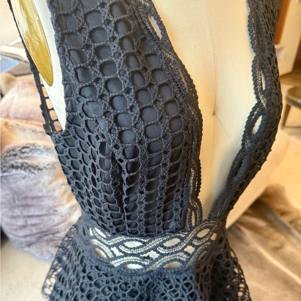 Tiered Black Lace Mini Dress with Deep V - Picture 2 of 5